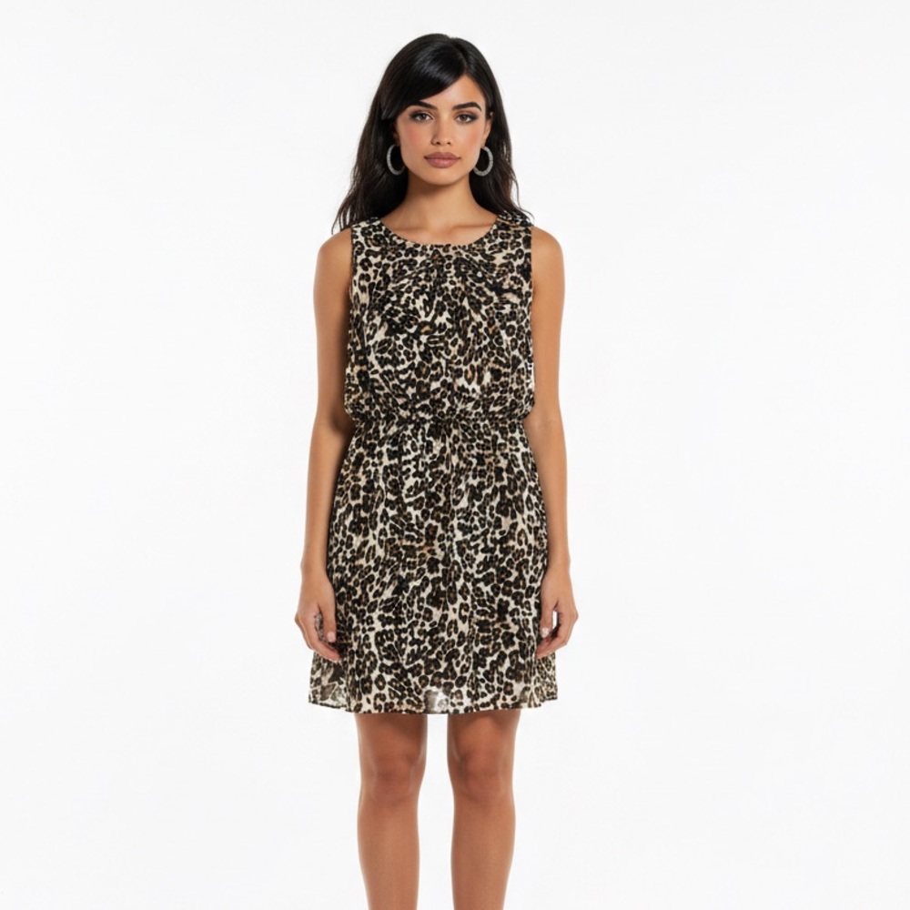 AB Studio Leopard Print Sleeveless Dress with Bow Detail - Large